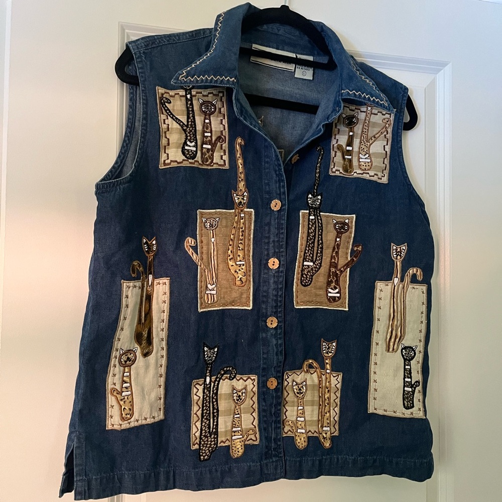 Denim Cat Print Button Down Shirt